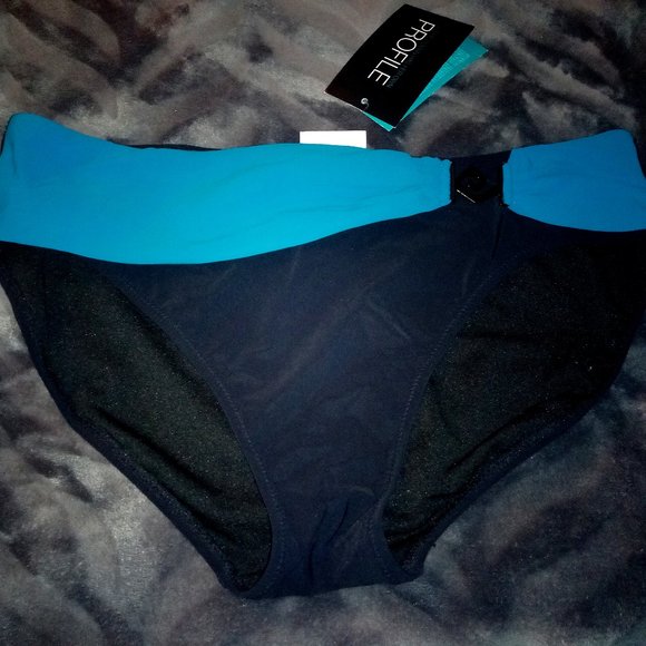 Profile by Gottex Black & Turquoise Foldover Swim Bottom Sz 12 NWT - Picture 1 of 8